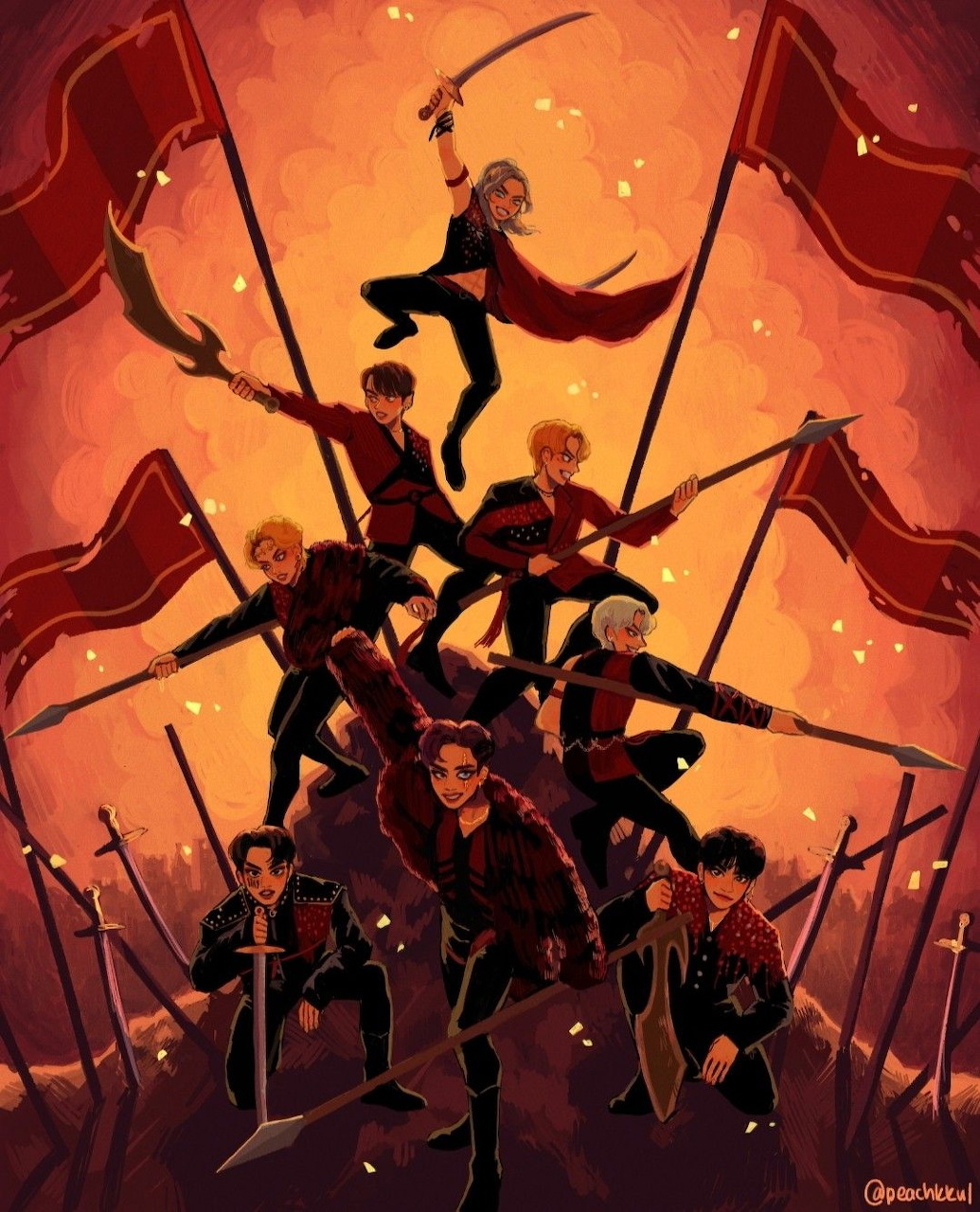 Fan art illustration of multiple figures in dark uniforms with swords and red flags on a fiery background
