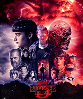 Stranger Things promotional poster with cast members and supernatural creature in red stormy sky