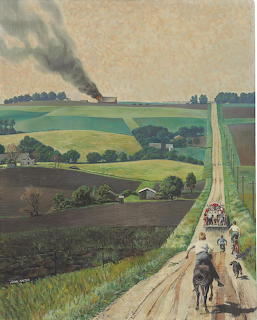 Painting of people running down a rural road toward smoke from a distant fire, surrounded by farmland