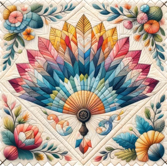 Decorative fan with geometric blue and gold petals framed by colorful painted flowers