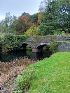 Old stone arch bridge crossing a river with green grass banks and autumn trees in Cornwall