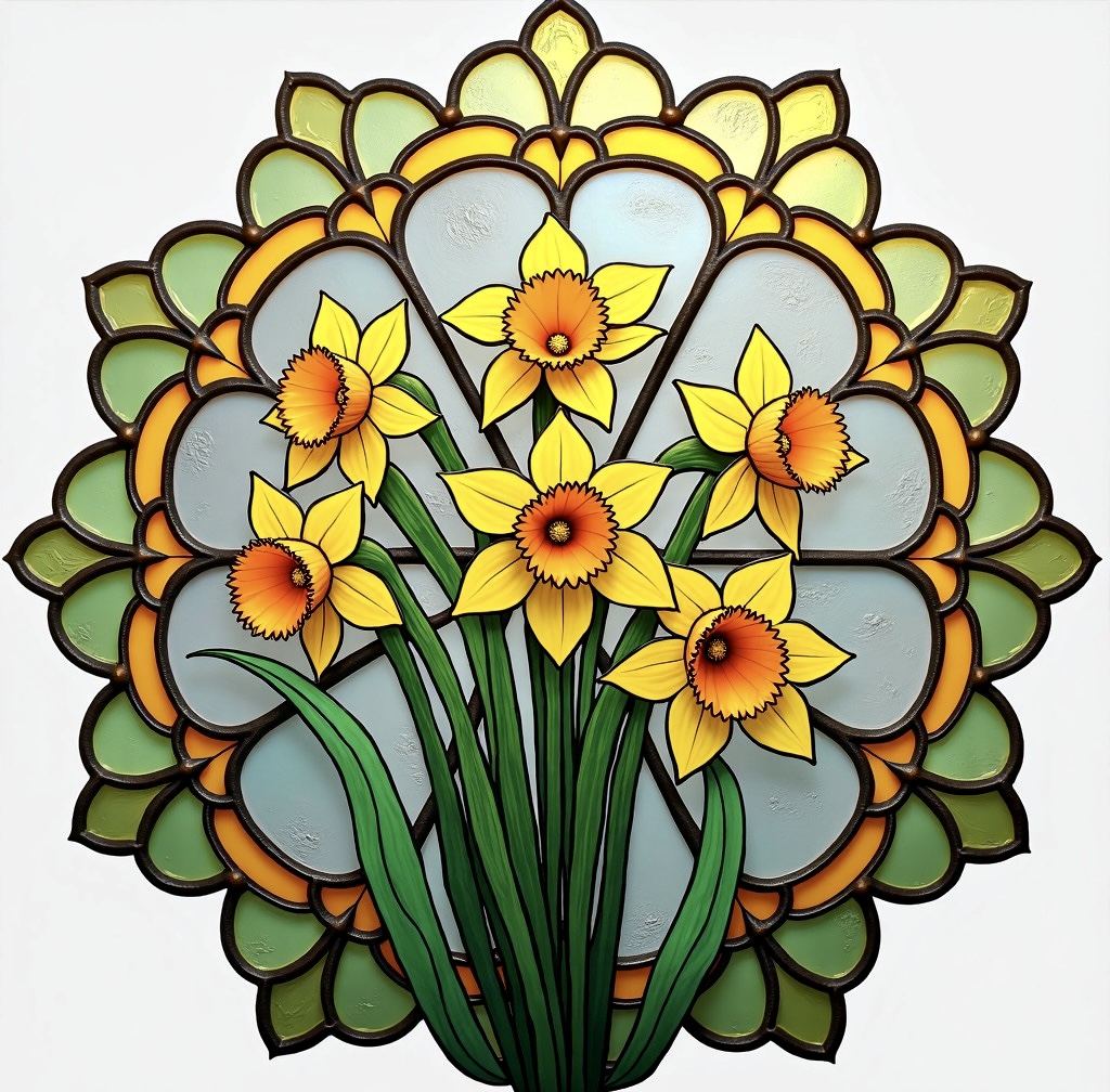 Yellow daffodils in front of a circular stained glass floral mandala on a white background
