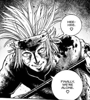 Manga panel showing a sinister character with spiky hair and a weapon, saying 'Finally, we're alone.'