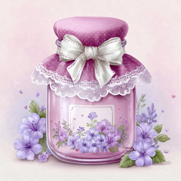 Pastel illustration of a pink jar with a bow, lace, and purple flowers