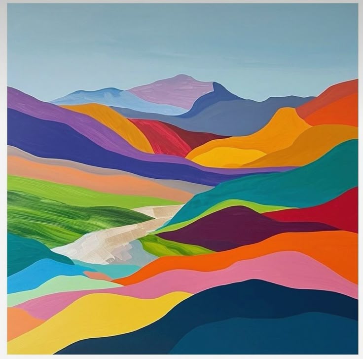 Abstract colorful landscape with rolling hills, mountains, and a winding path