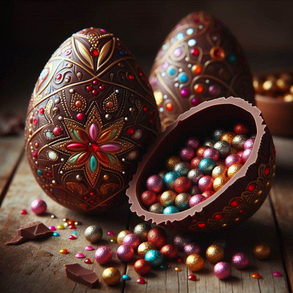 Decorative chocolate Easter eggs with intricate designs and colorful candy beads spilling from an open egg