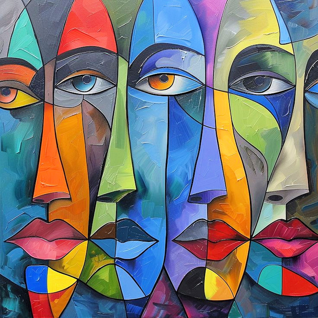 Cubist painting of four abstract faces composed of colorful geometric shapes