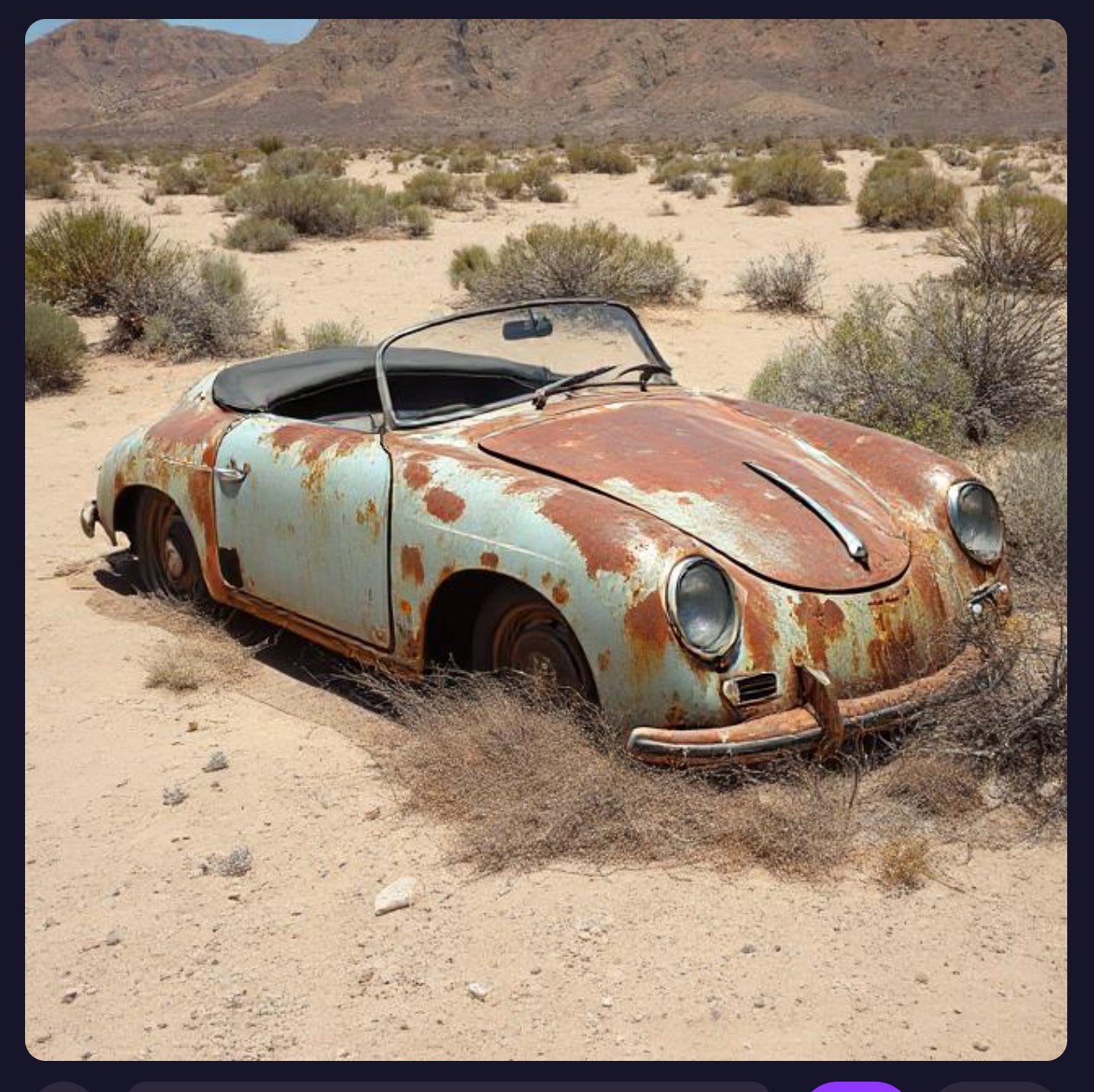 Rusty old Porsche sports car abandoned in a sandy desert with dry bushes