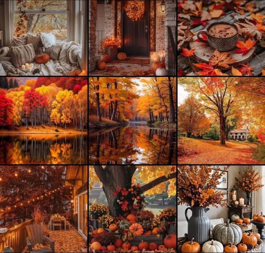 Nine-image autumn collage with fall foliage, pumpkins, candles, cozy rooms, and lakeside trees