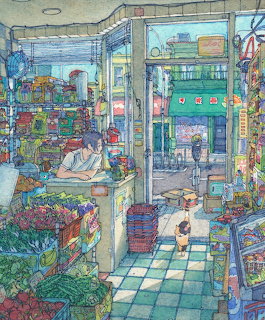 Watercolor illustration of a small convenience store interior with shelves of products, a cat on the counter, and tiled floor