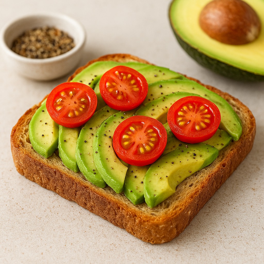 Avocado toast topped with sliced cherry tomatoes and black pepper on whole grain bread