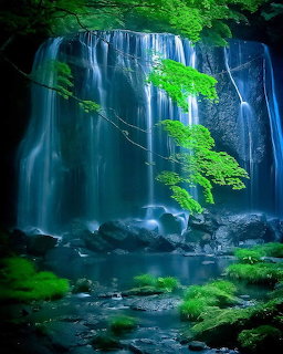 Silky waterfall flowing over mossy rocks into a calm pool surrounded by vibrant green trees and ferns