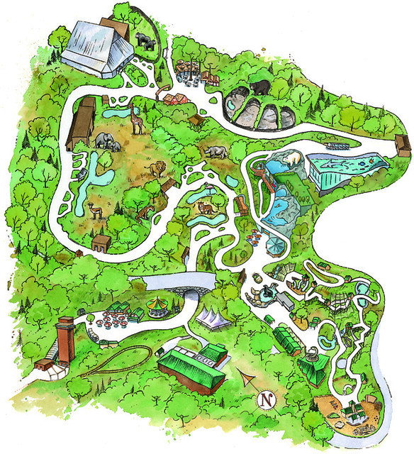 Illustrated map of Pittsburgh Zoo with animal exhibits and pathways