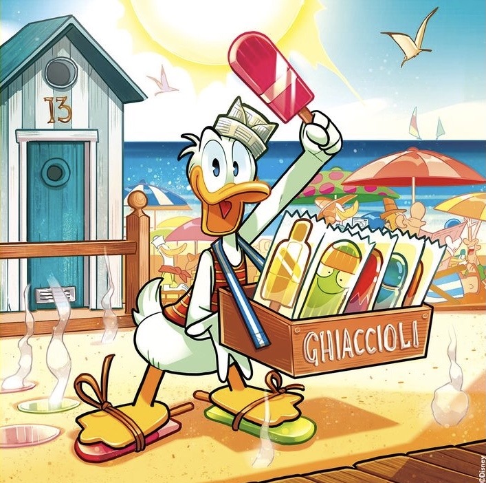 Donald Duck as ice cream vendor on beach with cart and umbrella
