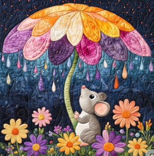 Quilted textile art of a white mouse holding a colorful petal umbrella surrounded by flowers against a starry night sky