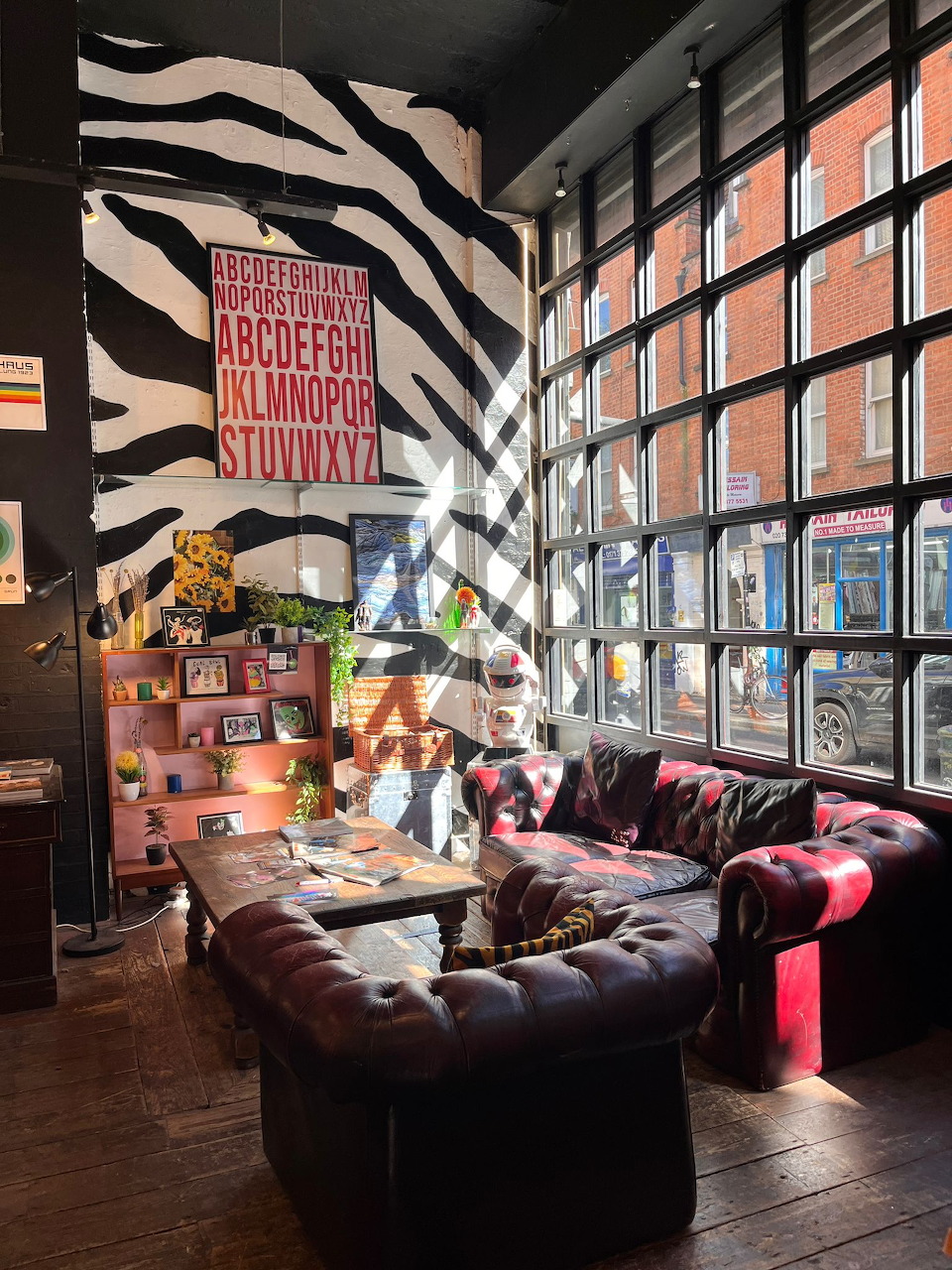 Modern bookstore with zebra ceiling, tall bookshelves, pink velvet chairs, and skylight