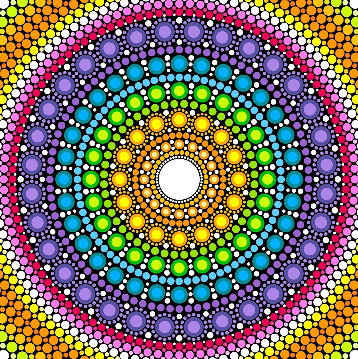 Circular mandala with rainbow colored dots arranged in concentric rings on yellow dotted background