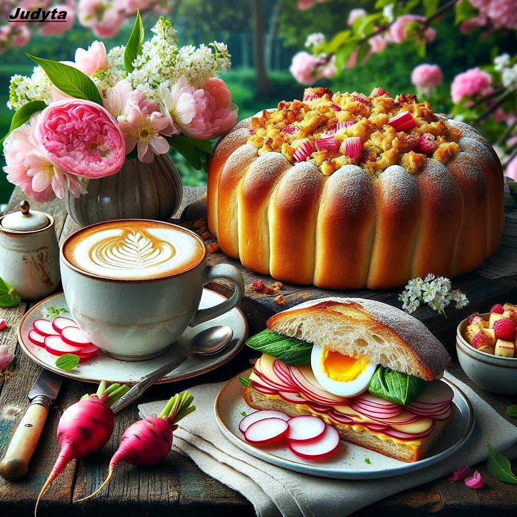 Bundt cake with berries, latte, sandwich with radishes and egg, flowers and small desserts on a rustic table