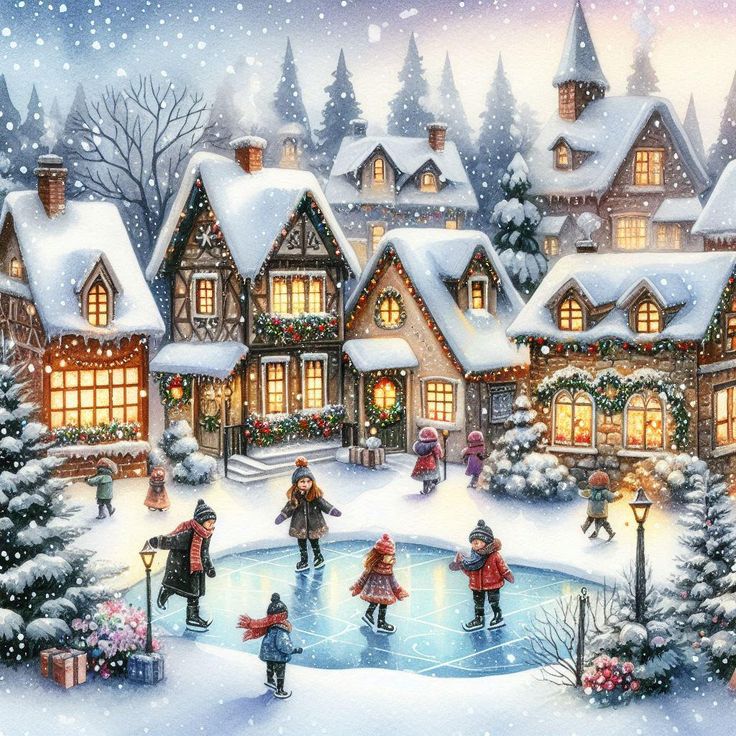 Children skating on a frozen pond in a snowy village with lit cottages