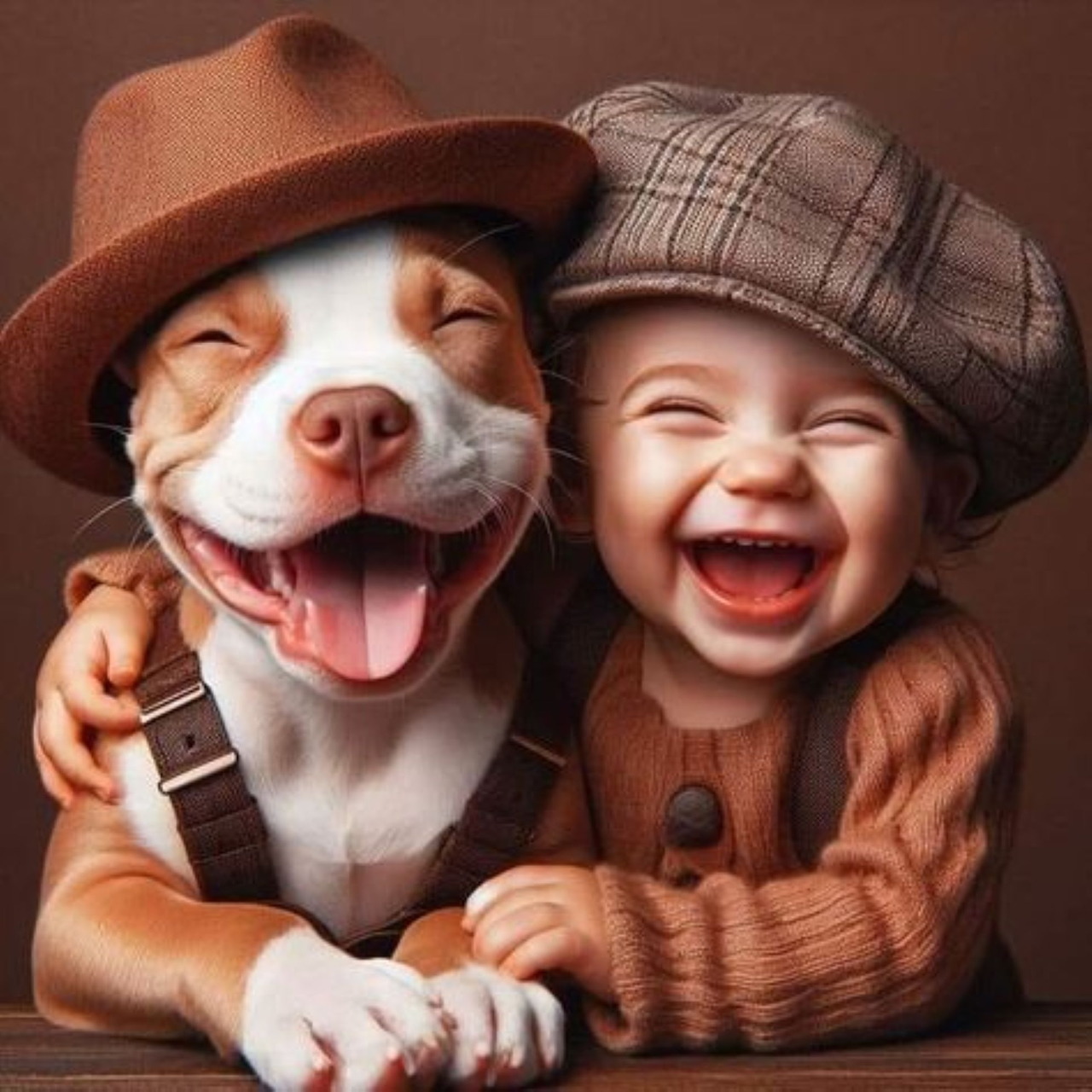 Smiling child in plaid cap hugging happy dog wearing brown hat