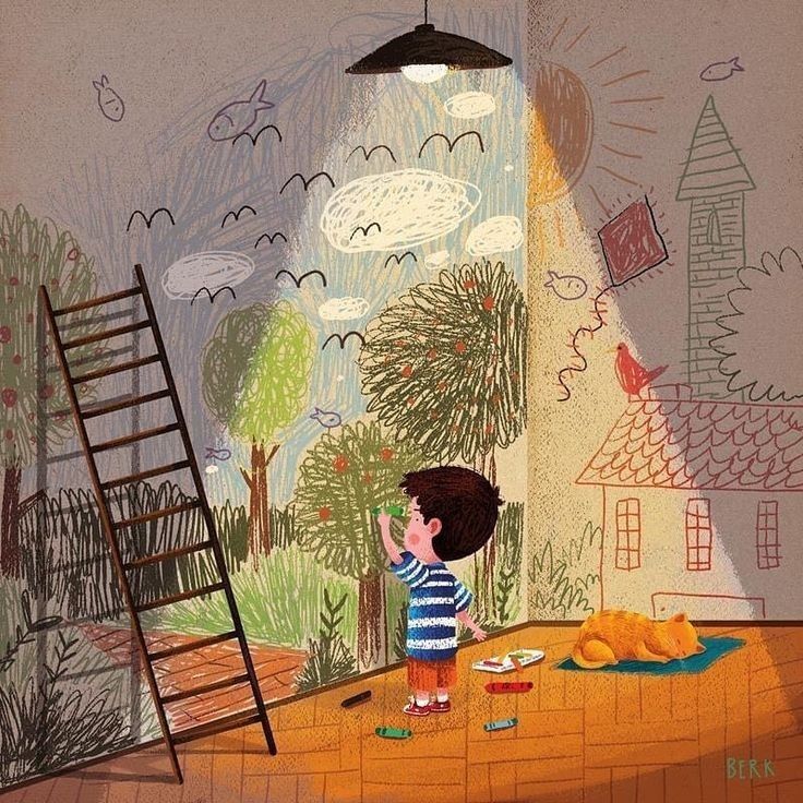 Illustration of a boy drawing trees and clouds on a wall in a room with a ladder and toy train