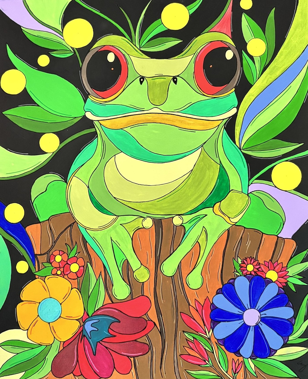 Colorful illustrated green frog with red eyes, flowers, leaves, and a dark background