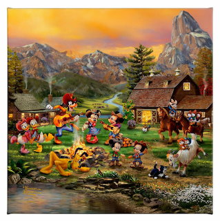 Mickey Mouse and Disney friends at a farm with mountains and sunset sky