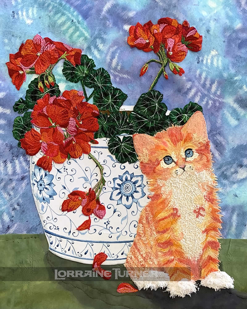 Kitten with Red Geraniums