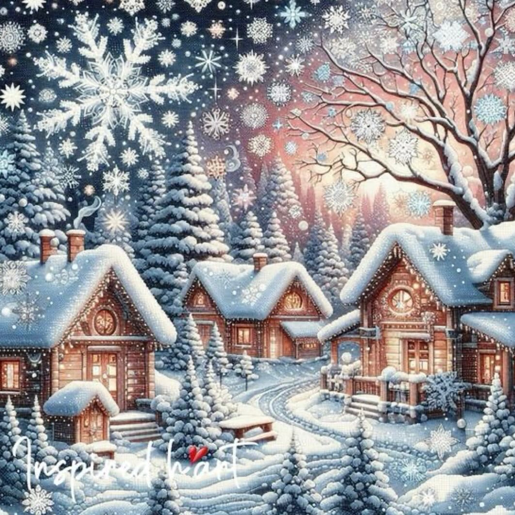 Snowy winter village with wooden houses, pine trees, and snowflake decorations under starry sky