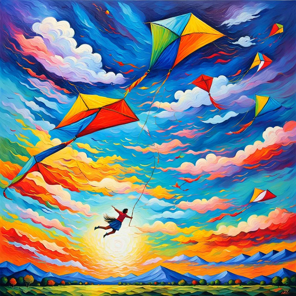 Colorful kites soaring through swirling sunset clouds with a silhouetted person below