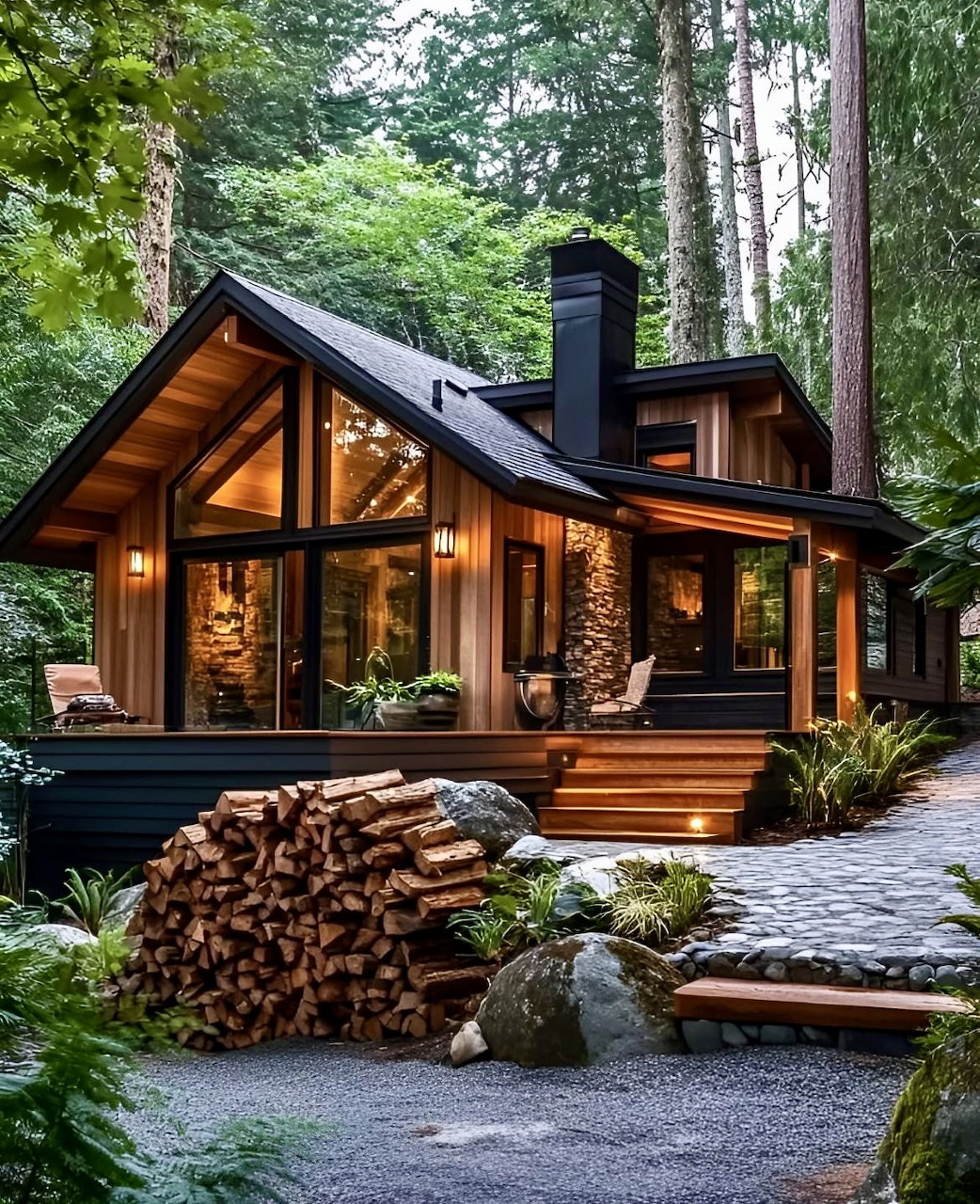Modern wood house glowing warmly among tall forest trees with stacked firewood in front