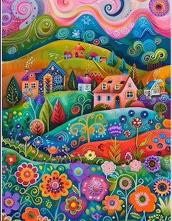 Colorful folk art village with houses on hills surrounded by flowers and swirling sky