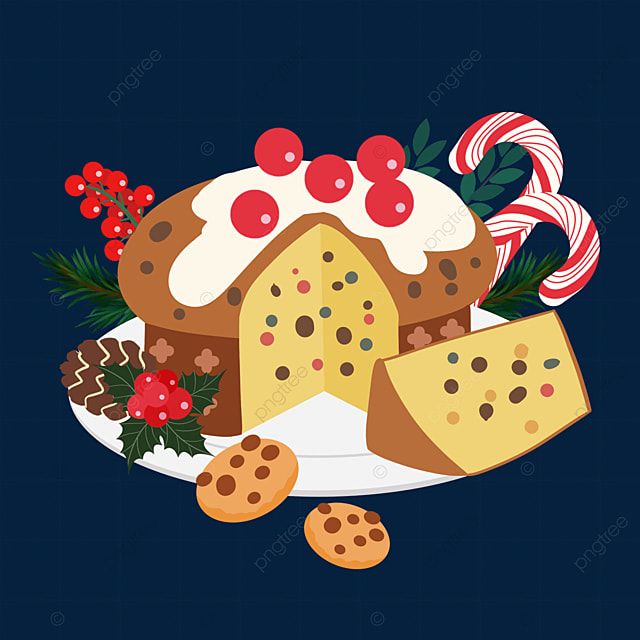 Illustration of decorated pan dulce sweet bread with cookies, candy cane, and berries on dark blue background