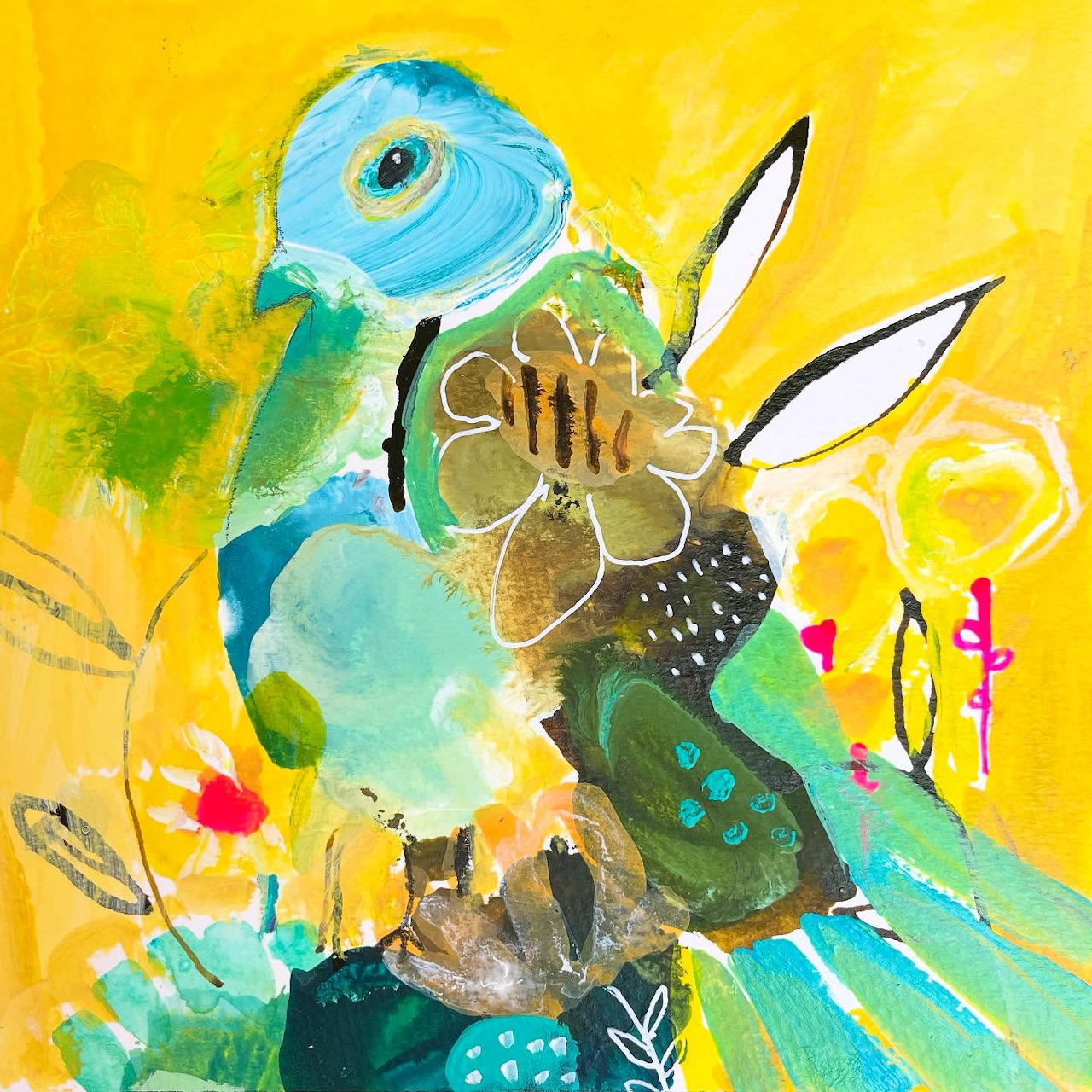 Abstract colorful bird painting with teal head, yellow background, and mixed media collage elements