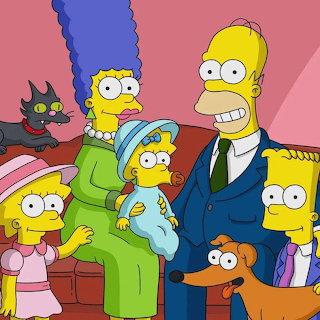 The Simpson family posed together with their dog and cat in a cartoon portrait