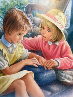 Illustration of two young girls sitting together, one in yellow and one in pink with a straw hat