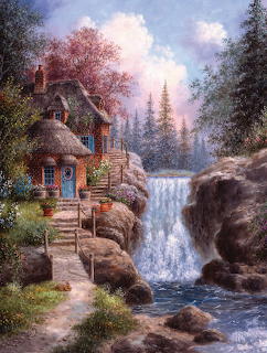 Painted cottage with stone path beside large waterfall in forested landscape with pink flowering tree