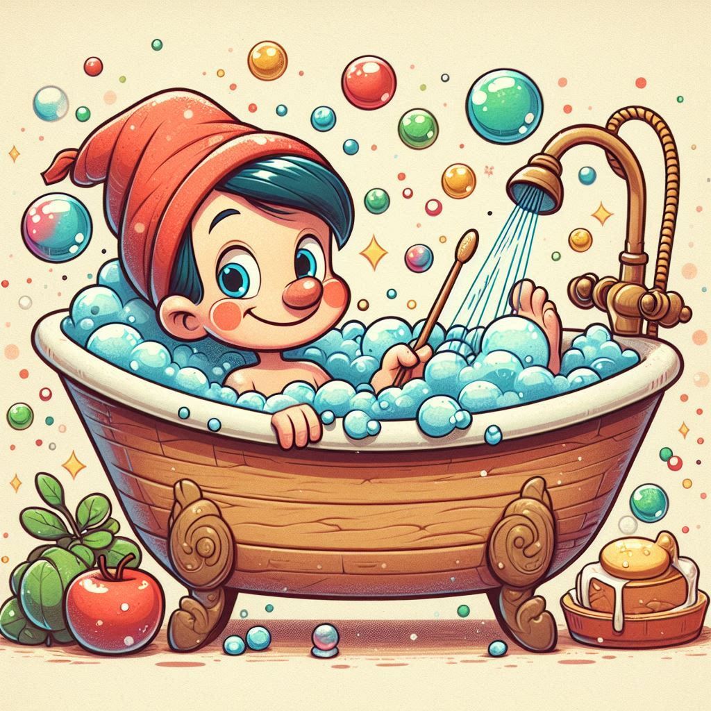 Cartoon child with shower cap playing in bubble-filled wooden bathtub surrounded by floating colorful bubbles