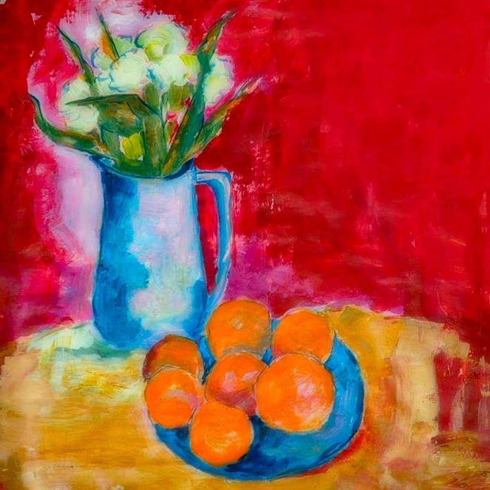 Colorful painting of blue vase with flowers and orange fruits on plate against vivid red background