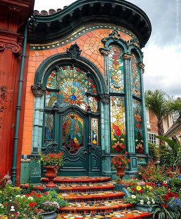 Elaborate Victorian entrance with teal door, arched stained glass windows, ornate tilework, and potted flowers on steps