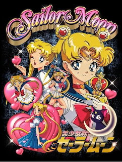 Sailor Moon anime characters in colorful sailor scout outfits with hearts and stars on black background