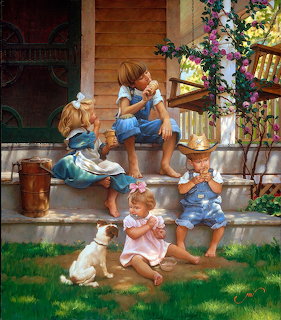 Children eating ice cream on porch steps with dog and flowers