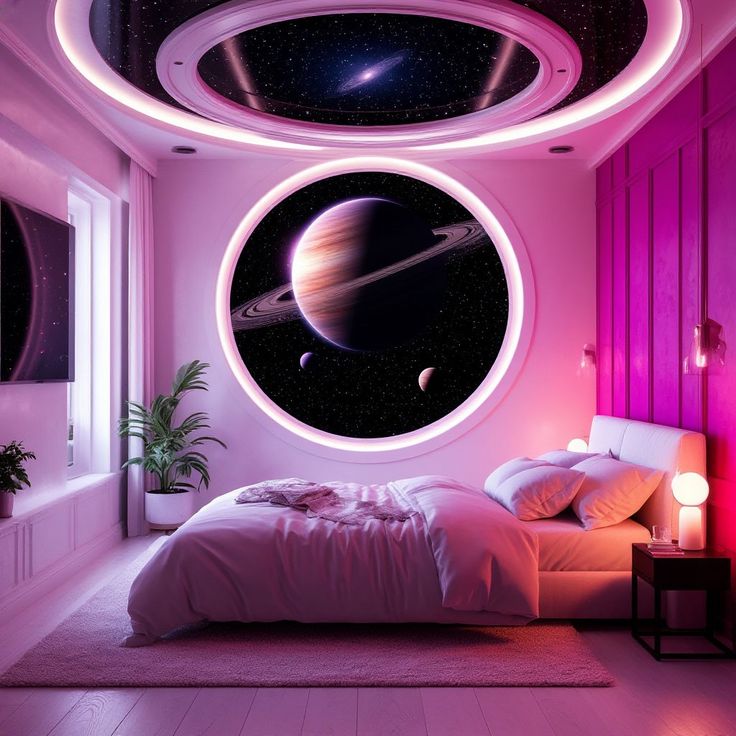 Pink futuristic bedroom with a round space window showing a ringed planet and starry sky