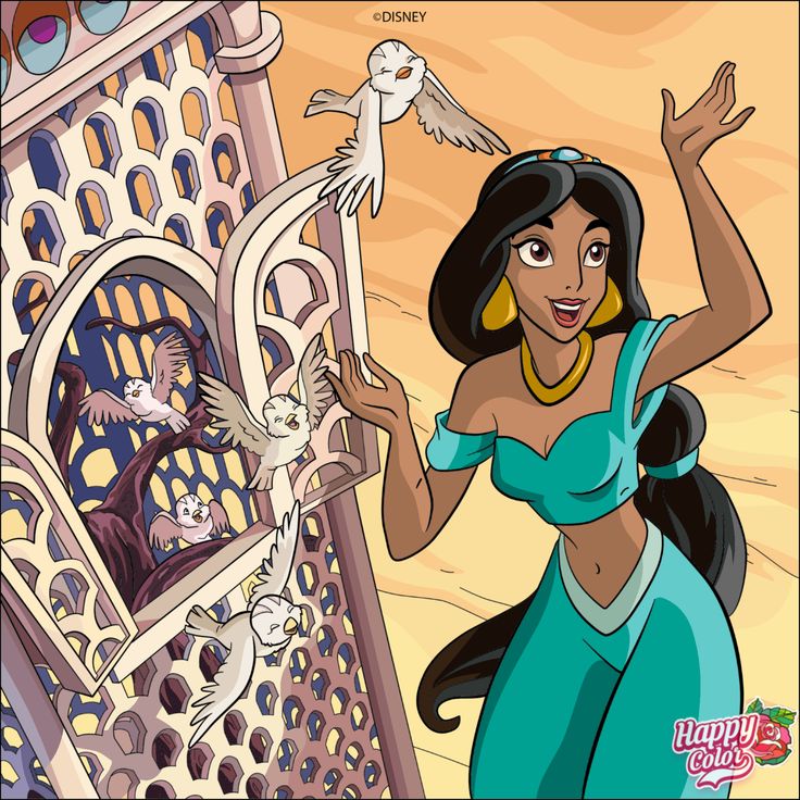 Princess Jasmine waving beside palace windows with white birds at sunset