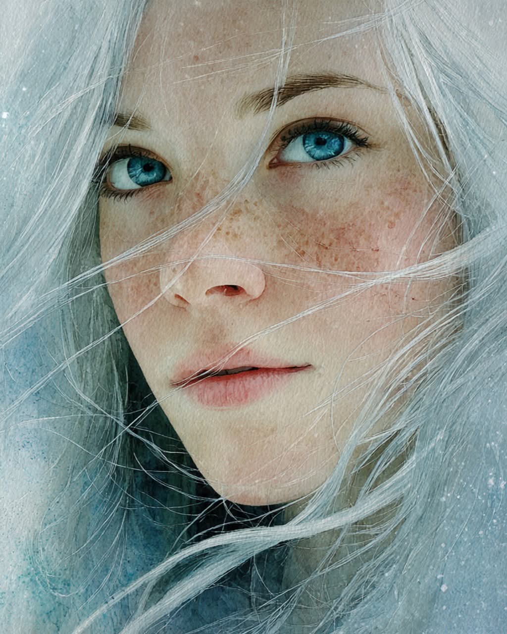 Close-up portrait of a young woman with blue eyes, freckles, and white windswept hair