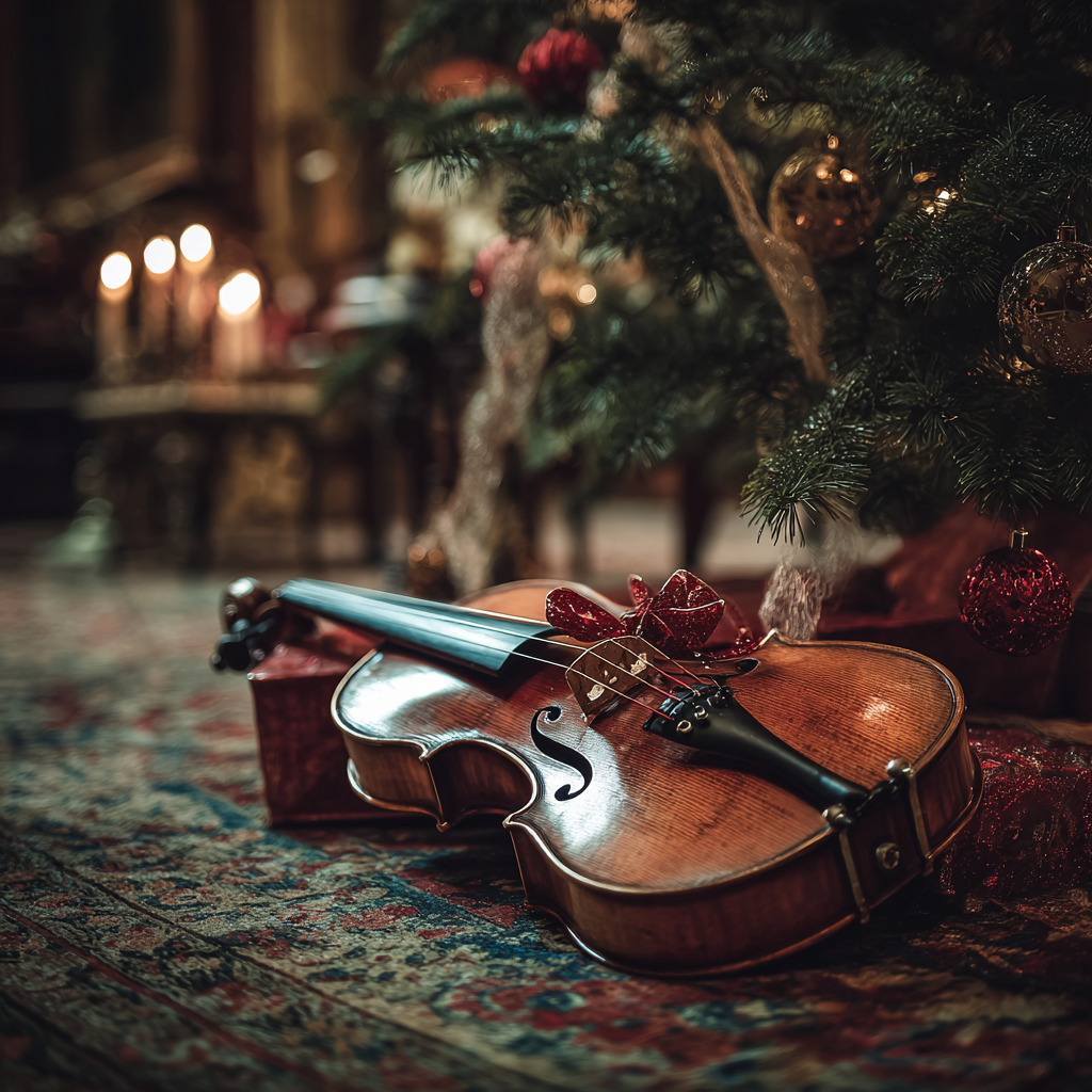 Violin on a rug beside a decorated Christmas tree with candles in soft warm light