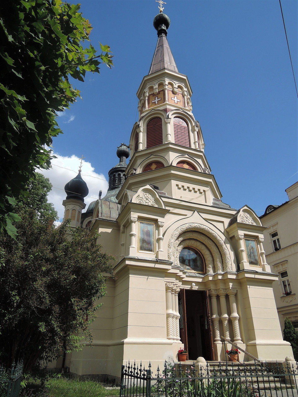 Russian-Byzantine Orthodox church of St. Olga with tall bell tower and onion domes, Františkovy Lázně, Czechia