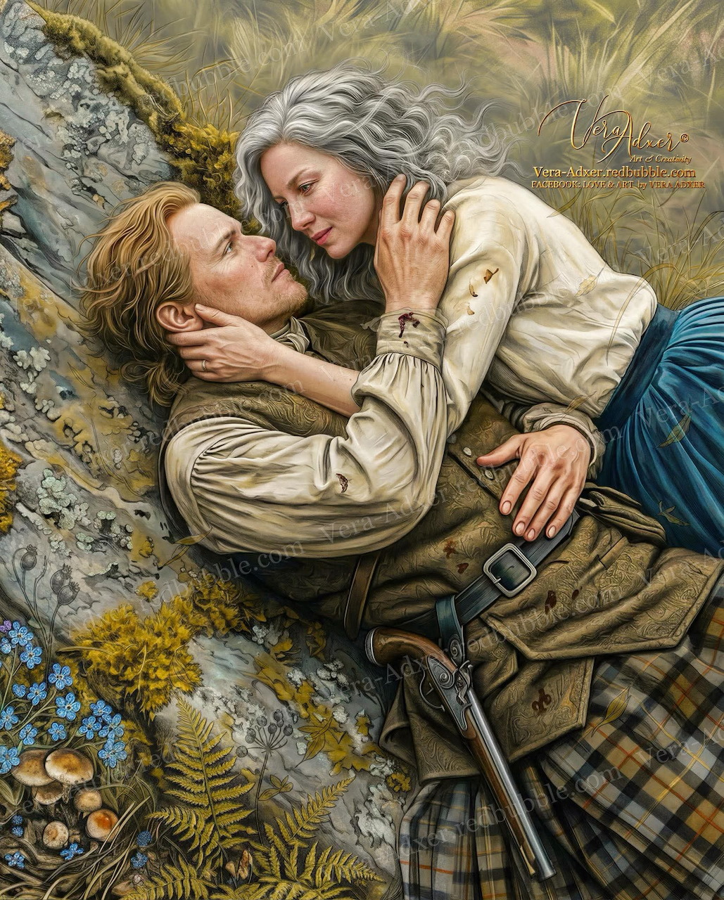 Romantic couple in historical Scottish Highland clothing lying together on rocky terrain