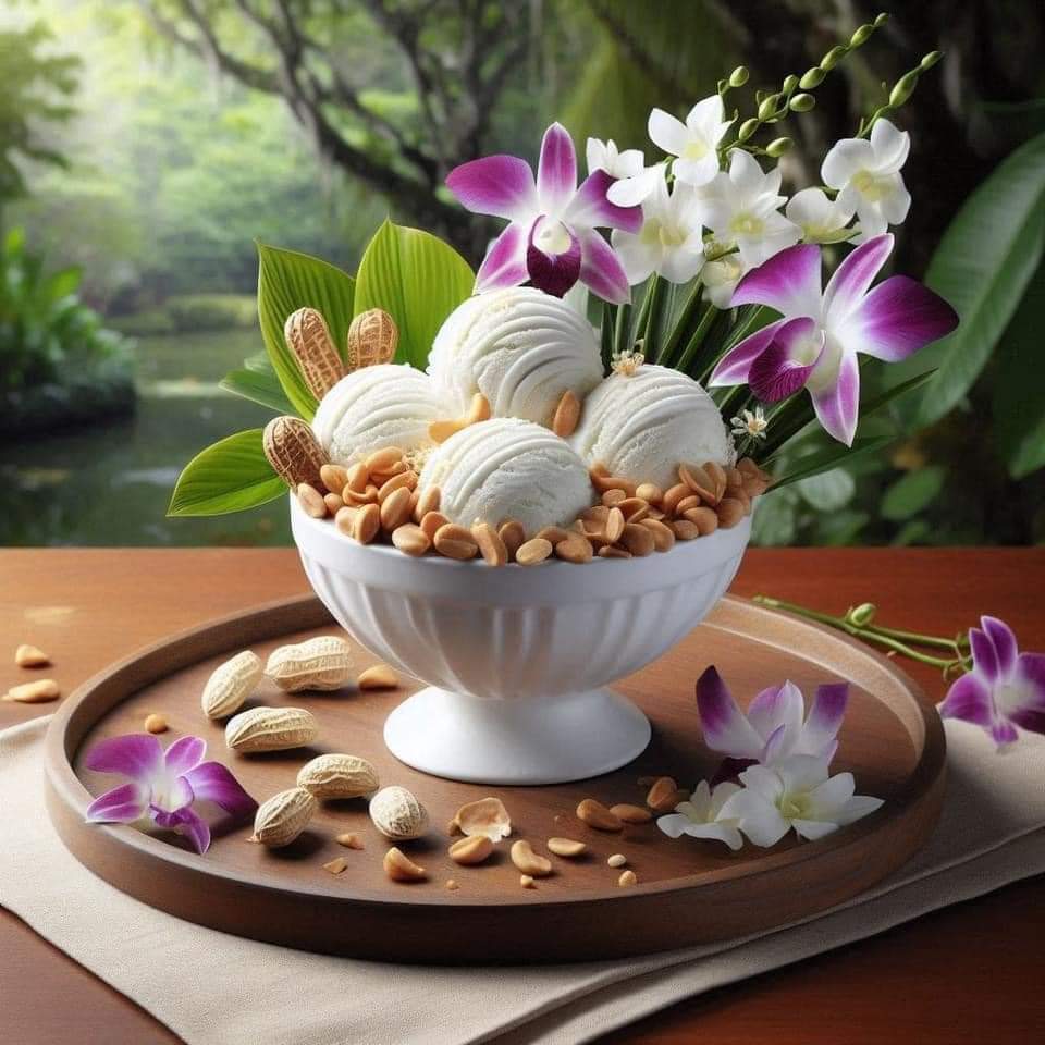 Elegant dessert bowl with vanilla ice cream, nuts, and fresh orchid flowers on wooden serving tray