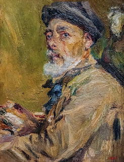 Impressionistic self-portrait of Francisco Gimeno Arasa wearing a beret and light coat